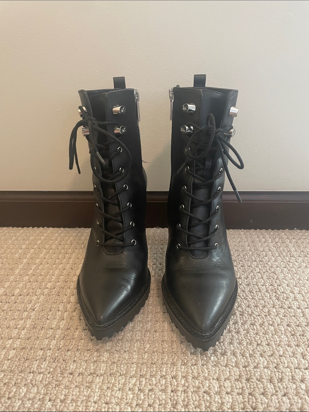 Michael Kors Black Lace-Up Pointed Combat Ankle Boots